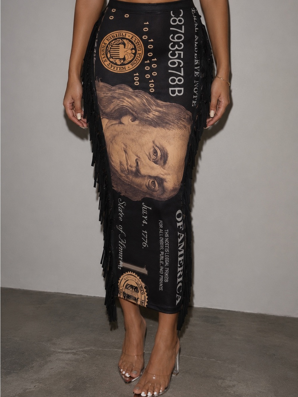 Black Fringe Midi Skirt with Dollar Print